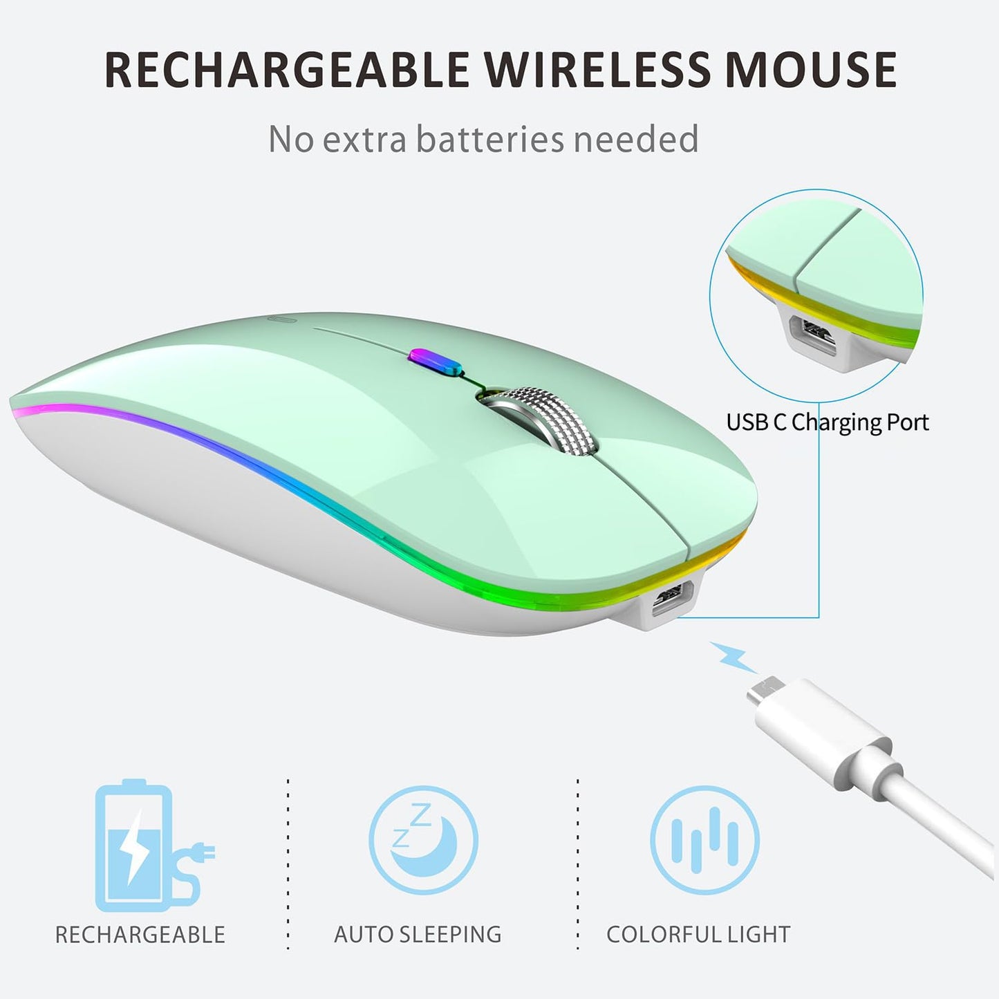 Uiosmuph LED Wireless Mouse, G12 Slim Rechargeable Silent Mouse, 2.4G Portable USB Optical Computer Mice with USB Receiver and Type C Adapter (Matte Black)