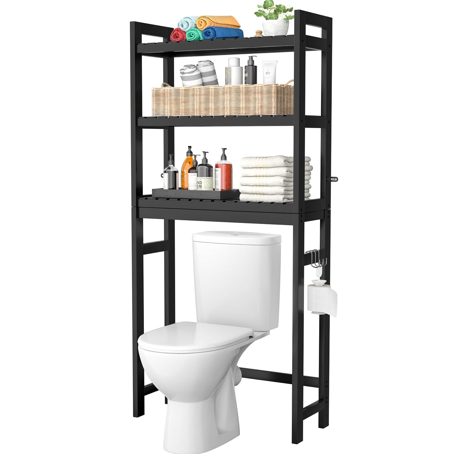 Homykic Over The Toilet Storage, Bamboo 3-Tier Over-The-Toilet Space Saver Organizer Rack, Stable Freestanding Above Toilet Stand with 3 Hooks for Bathroom, Restroom, Laundry, White