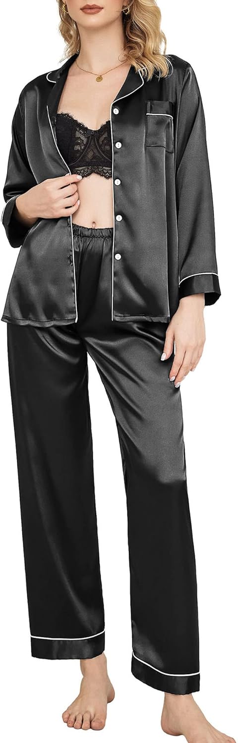 Ekouaer Women's Satin Pajama Set 2-Piece Sleepwear Loungewear Long Sleeve Button Down Pj Set(02 Black,Medium)