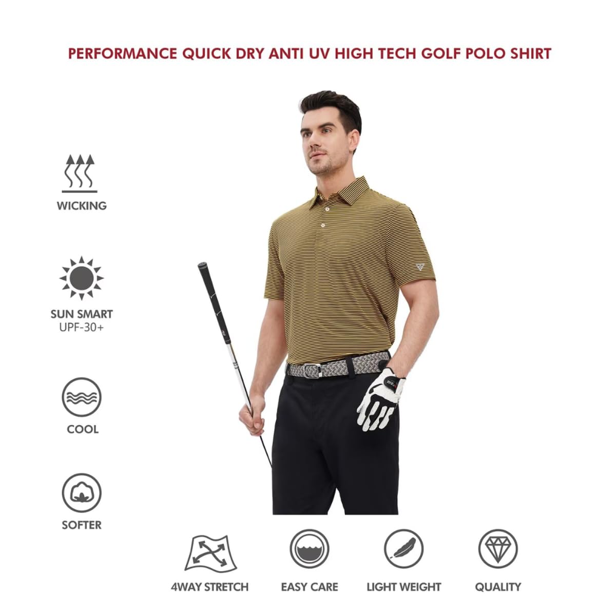 Men's Golf Polo Shirts Short Sleeve Striped Performance Moisture Wicking Dry Fit Golf Shirts for Men