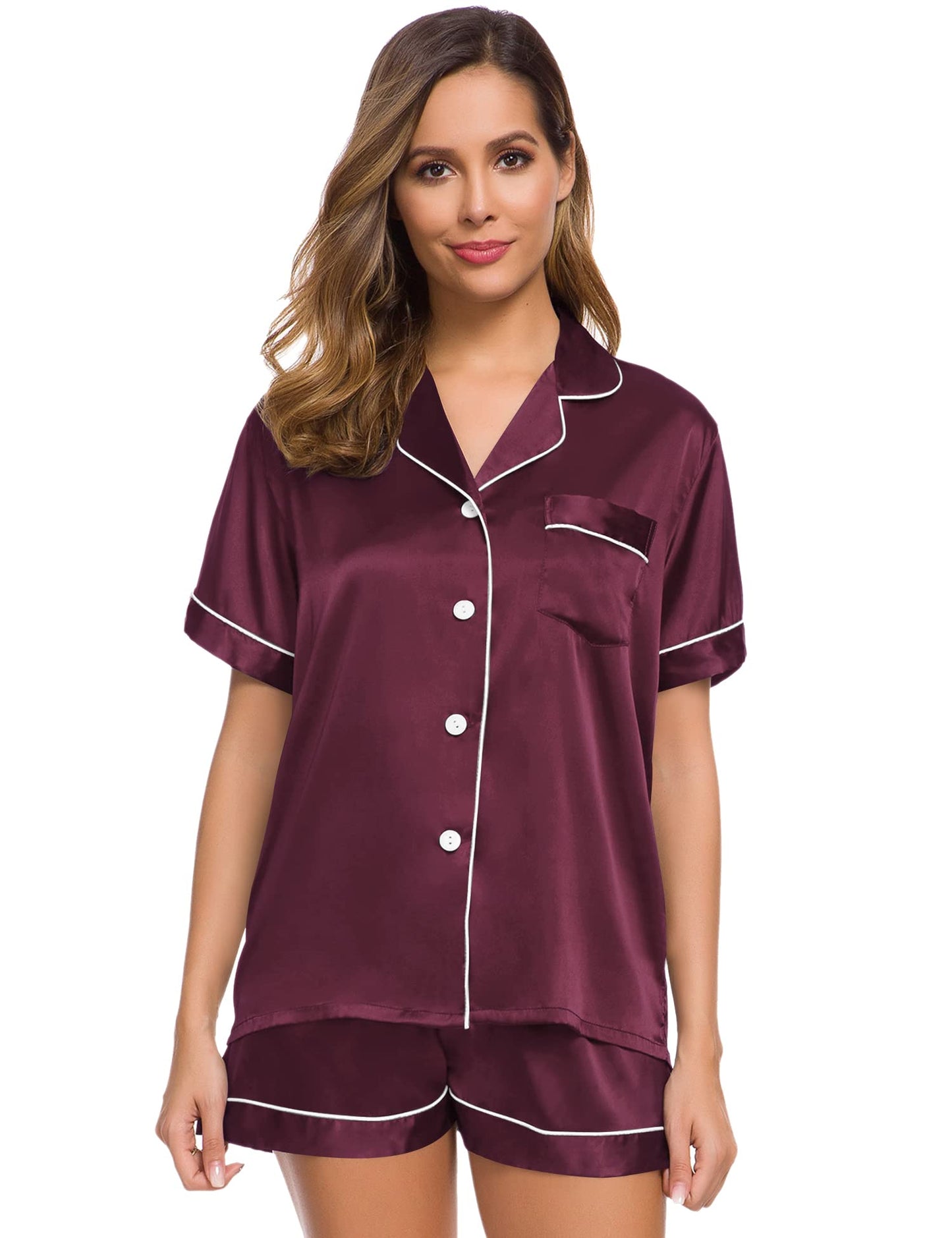 SWOMOG Womens Silk Satin Pajamas Set Two-piece Pj Sets Sleepwear Loungewear Button-Down Pj Sets