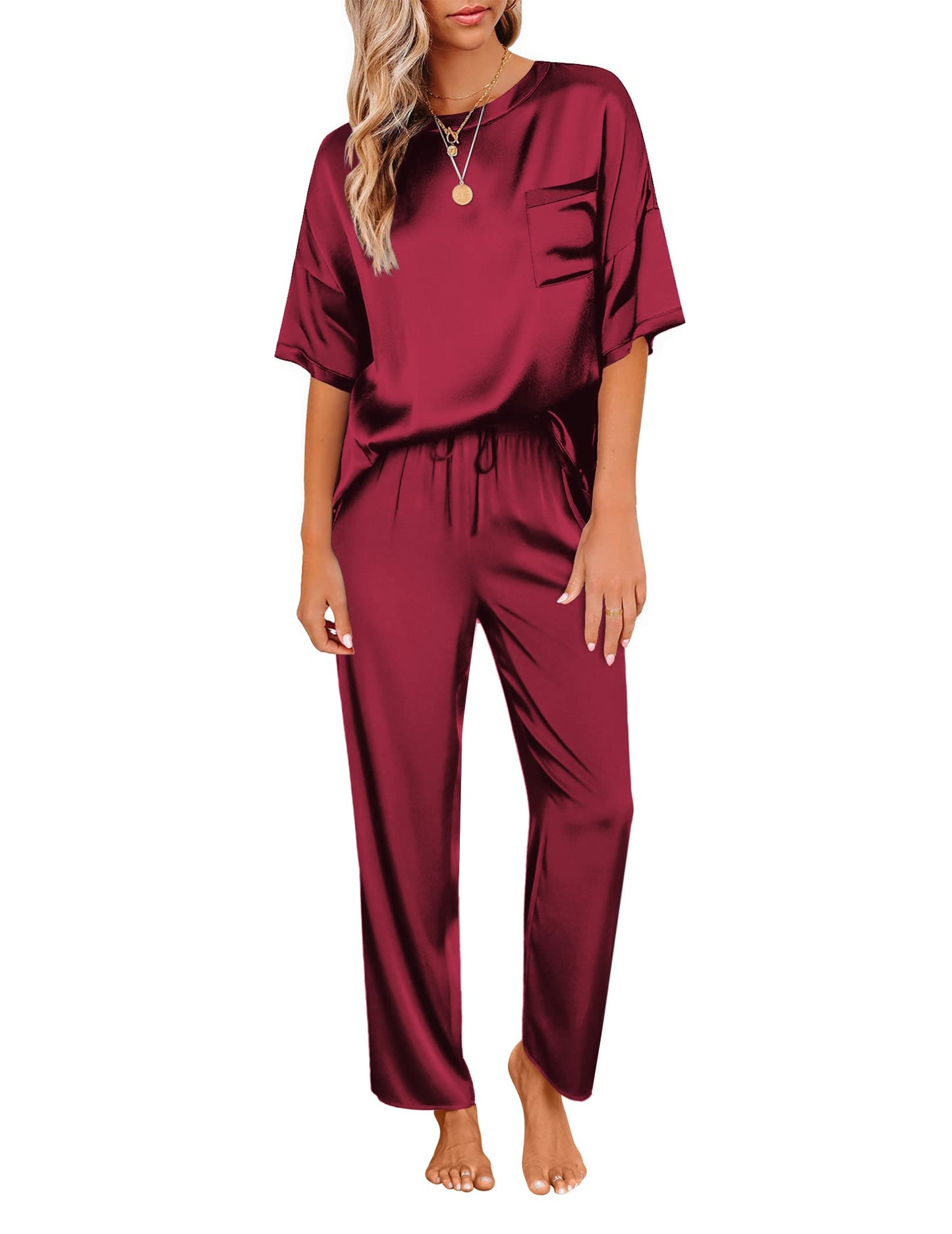 Ekouaer Womens Satin Silky Pajama Set Short Sleeve Shirt with Long Pajama Pant Set Soft PJ Loungewear