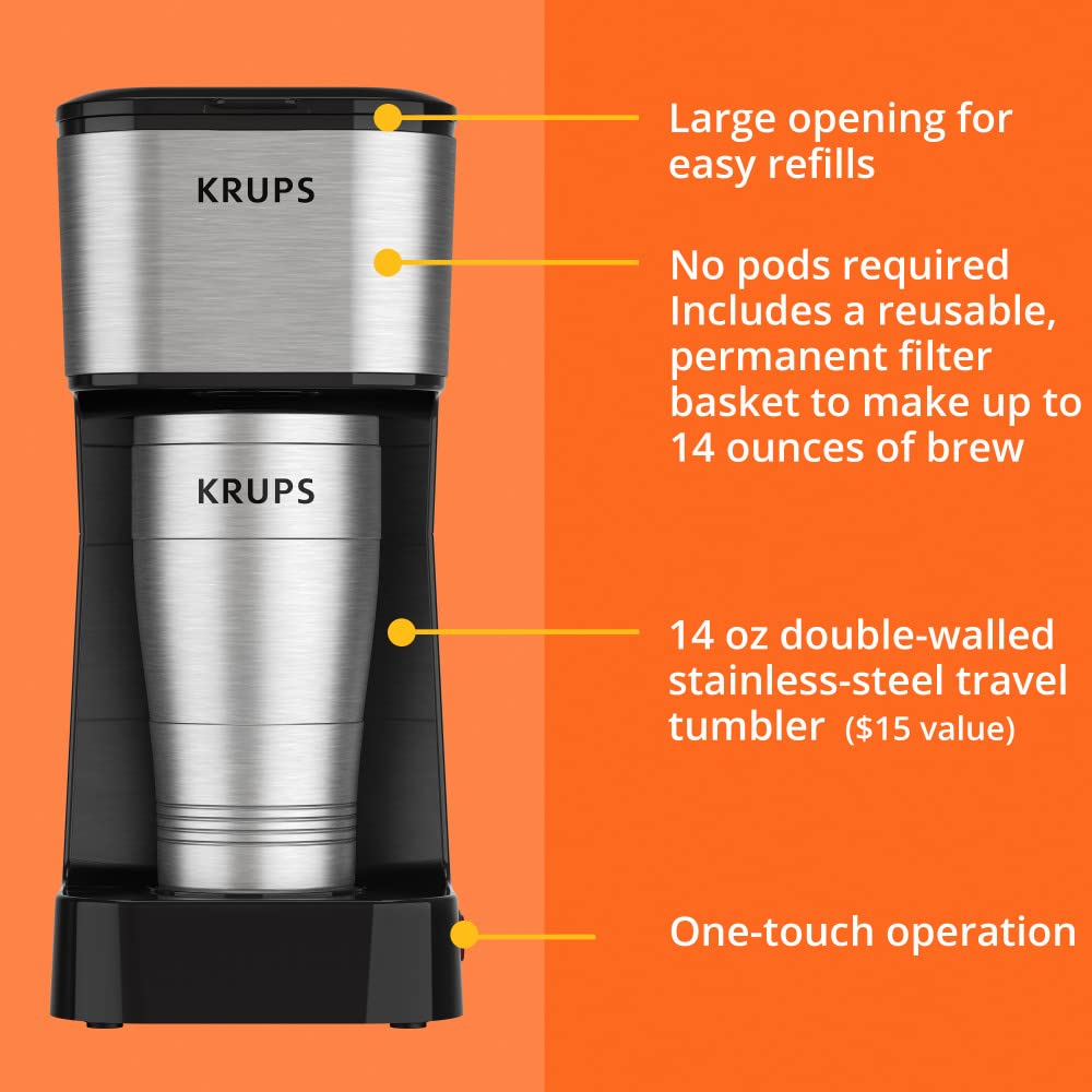 Krups, Coffee Maker, Simply Brew Stainless Steel 5 Cup, Keep Warm Function, Reusable Coffee Filter, Ultra Compact 650 Watts, Drip Free, Cold Brew, Dishwasher Safe Pot, Silver and Black