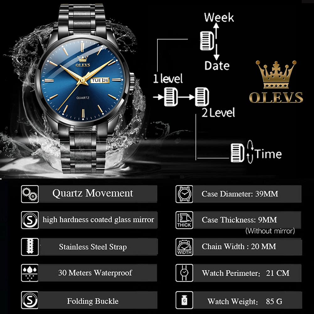 OLEVS Classic Men Watches with Date,Stainless Steel Man Watch with Date, Bussiness Watches for Men,Luminous Quartz Mens Watches Black/White/Blue/Gold, Waterproof Male Watch with Week