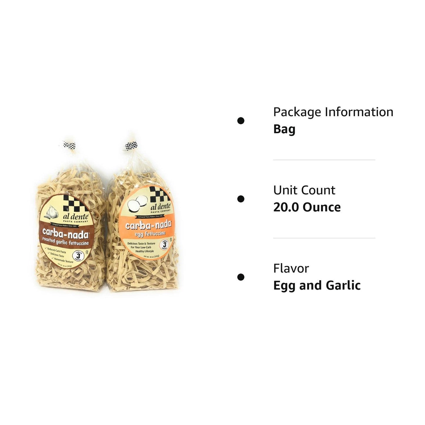 Carba-nada Reduced Carb Fettuccine Pasta Bundle Of Two 10 Ounces Bags: One Egg and One Garlic Roasted Fettuccine