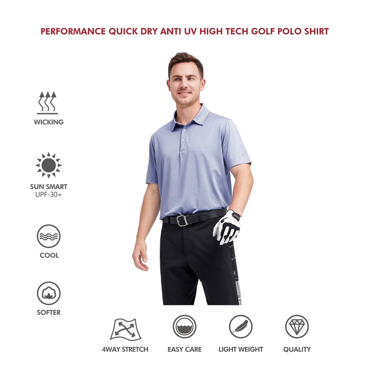 Men's Golf Polo Shirts Short Sleeve Striped Performance Moisture Wicking Dry Fit Golf Shirts for Men