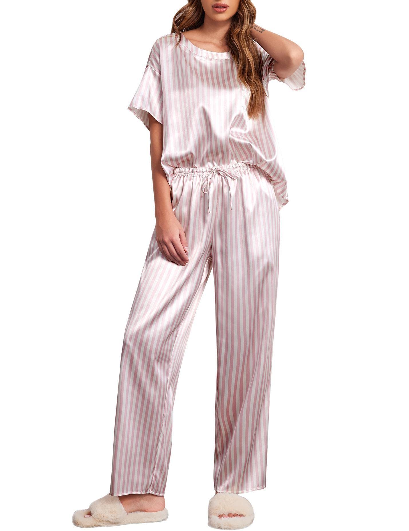 Ekouaer Womens Satin Silky Pajama Set Short Sleeve Shirt with Long Pajama Pant Set Soft PJ Loungewear