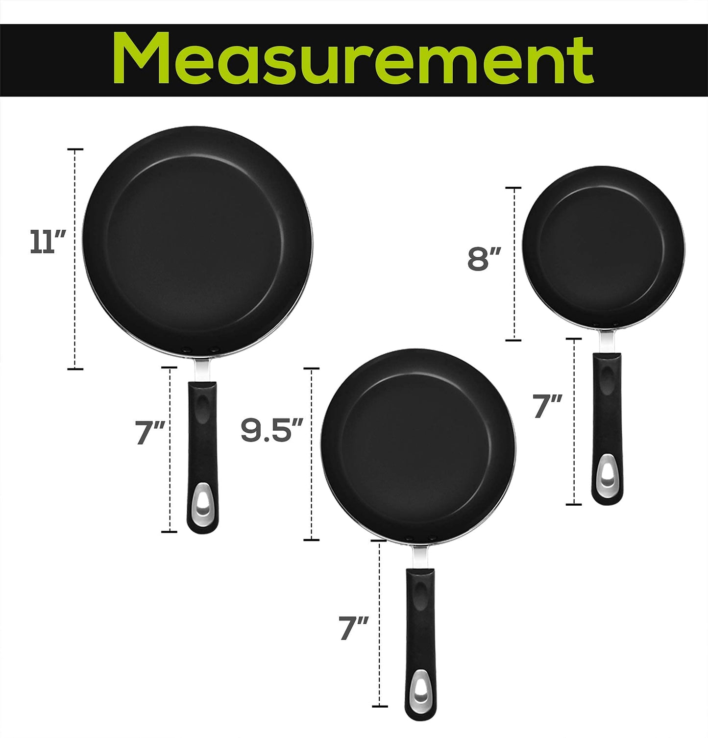 Utopia Kitchen Nonstick Frying Pan Set - 3 Piece Induction Bottom - 8 Inches, 9.5 Inches and 11 Inches - (Grey-Black)