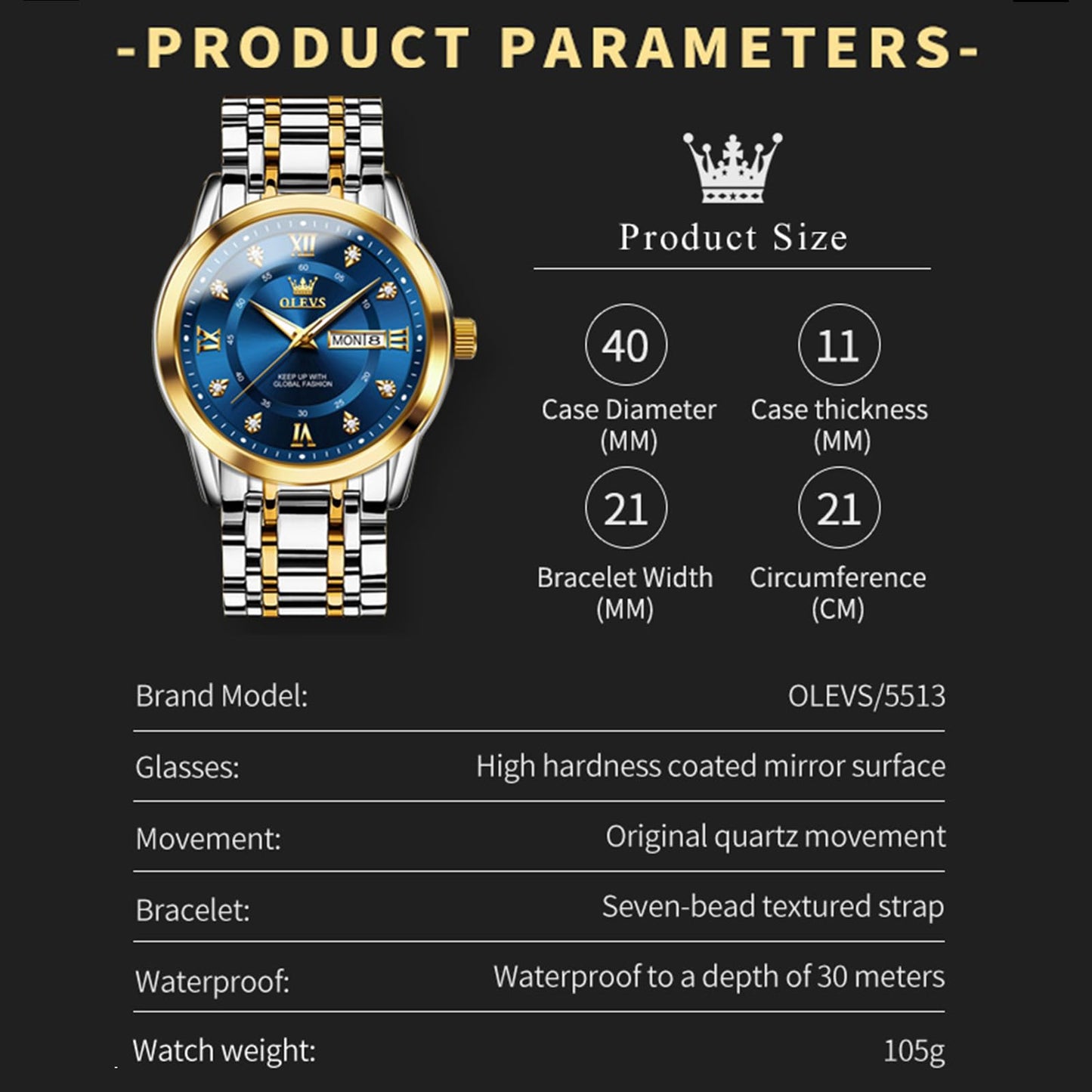 OLEVS Classic Men Watches with Date,Stainless Steel Man Watch with Date, Bussiness Watches for Men,Luminous Quartz Mens Watches Black/White/Blue/Gold, Waterproof Male Watch with Week