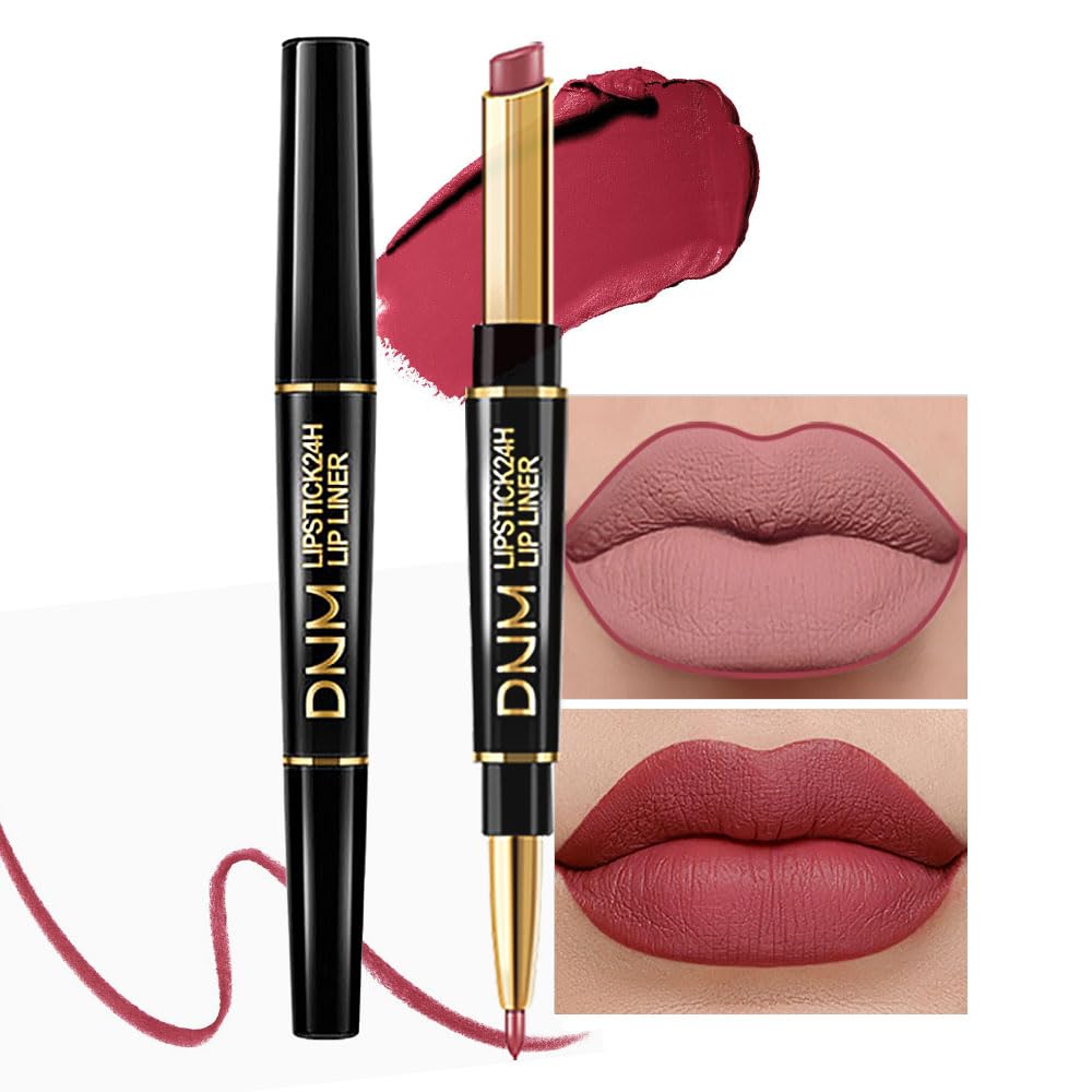 evpct 3Pcs Chestnut Nude Brown Lip Liner and Lipstick Set Kit for Women DNM Dusty Antique Rose Matte Lips Kit with Lip Liner Stains Long Lasting Waterproof 24 Hour Lipstick and Lip Liners Combo Pencil