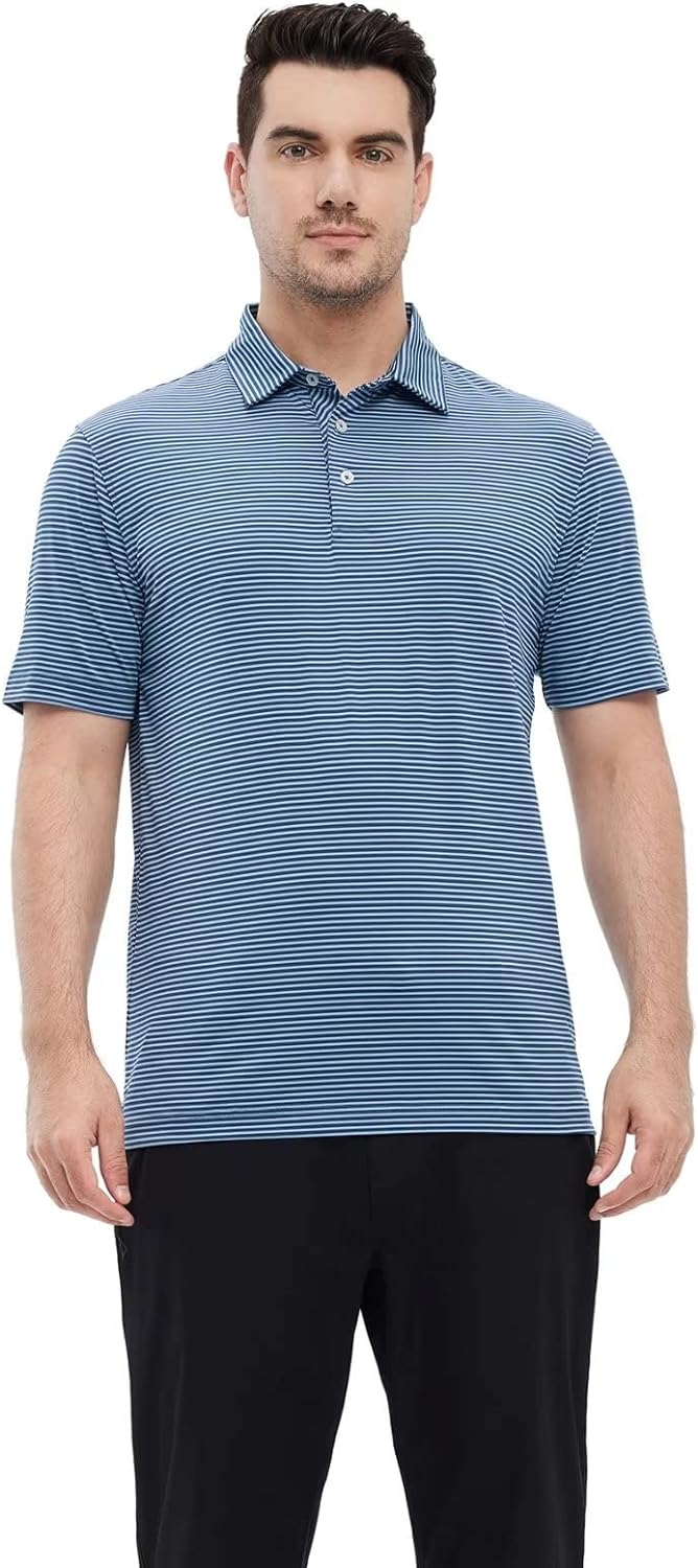 Men's Golf Polo Shirts Short Sleeve Striped Performance Moisture Wicking Dry Fit Golf Shirts for Men