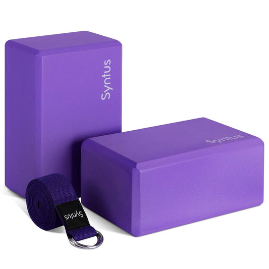 Syntus Yoga Block and Yoga Strap Set, 2 EVA Foam Soft Non-Slip Yoga Blocks 9×6×4 inches, 8FT Metal D-Ring Strap for Yoga, General Fitness, Pilates, Stretching and Toning