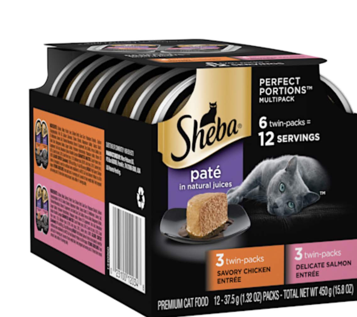 SHEBA Perfect Portions Cuts in Gravy Wet Cat Food Trays (24 Count, 48 Servings), Roasted Chicken, Gourmet Salmon and Tender Turkey Entrée Variety Pack, Easy Peel Twin-Pack Trays