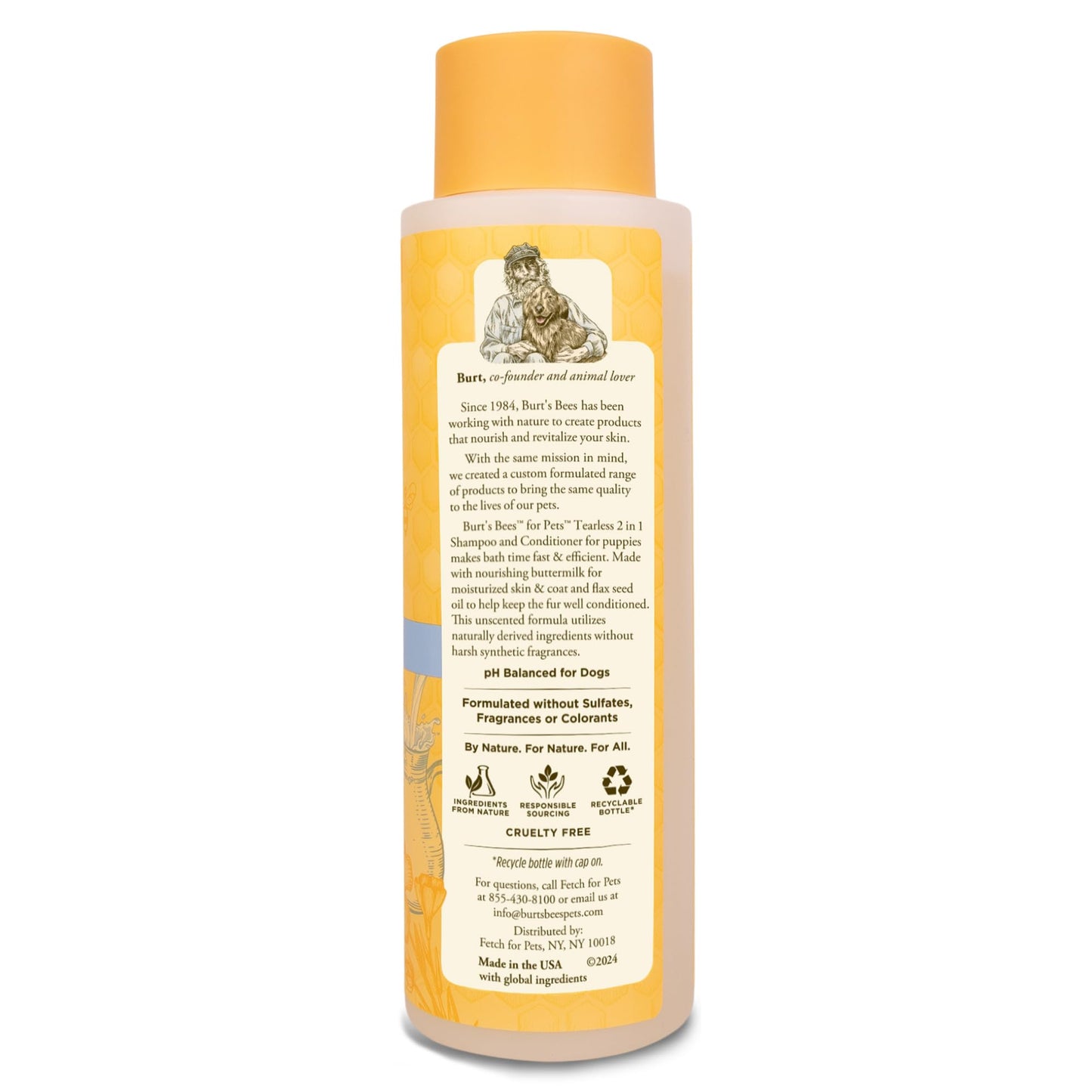 Burt's Bees for Pets Puppies Natural Tearless 2 in 1 Shampoo and Conditioner - Made with Buttermilk and Flax Seed Oil - Best Tearless Puppy Shampoo for Gentle Skin and Coat - Made in USA, 16 Oz