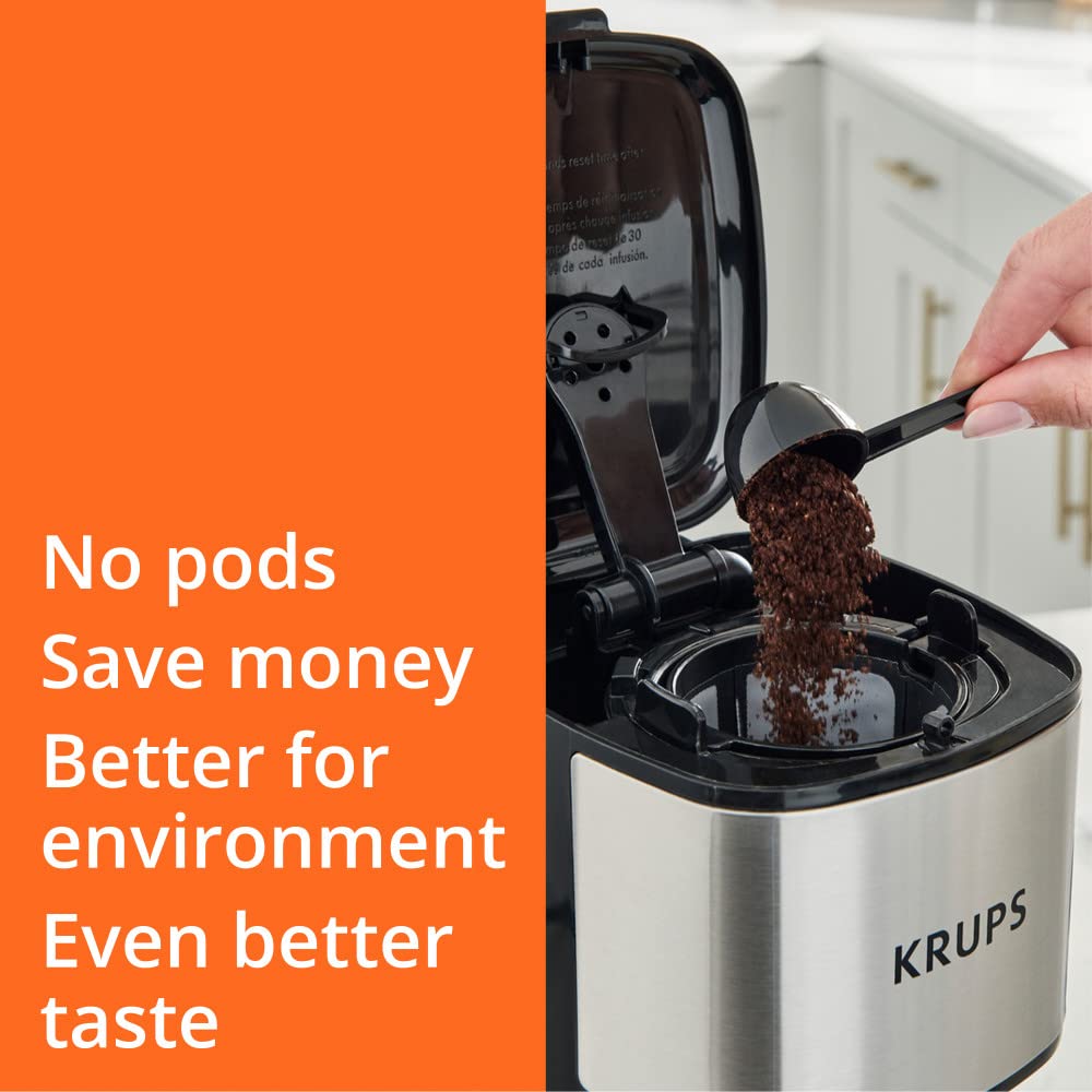 Krups, Coffee Maker, Simply Brew Stainless Steel 5 Cup, Keep Warm Function, Reusable Coffee Filter, Ultra Compact 650 Watts, Drip Free, Cold Brew, Dishwasher Safe Pot, Silver and Black