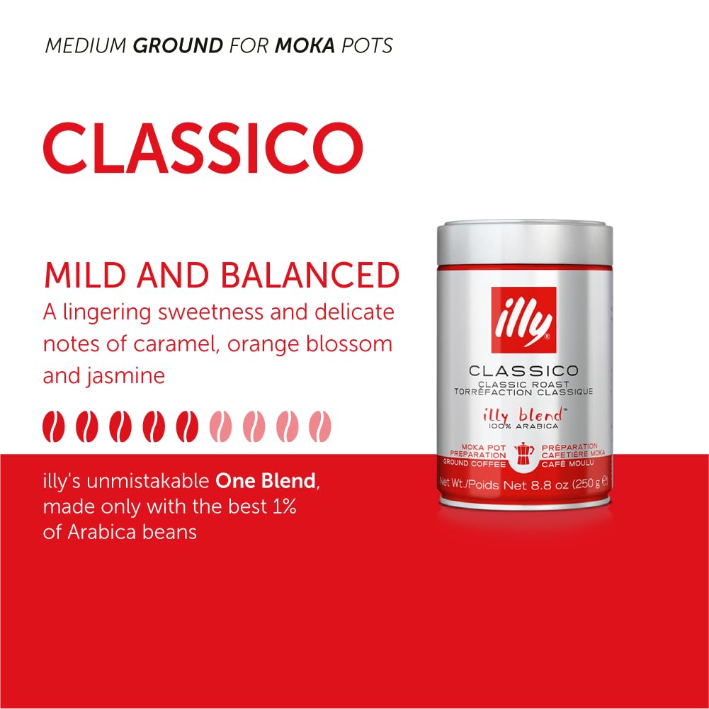 illy Ground Coffee Espresso - 100% Arabica Coffee Ground – Classico Medium Roast - Notes of Caramel, Orange Blossom & Jasmine - Rich Aromatic Profile - Precise Roast - No Preservatives – 8.8 Ounce