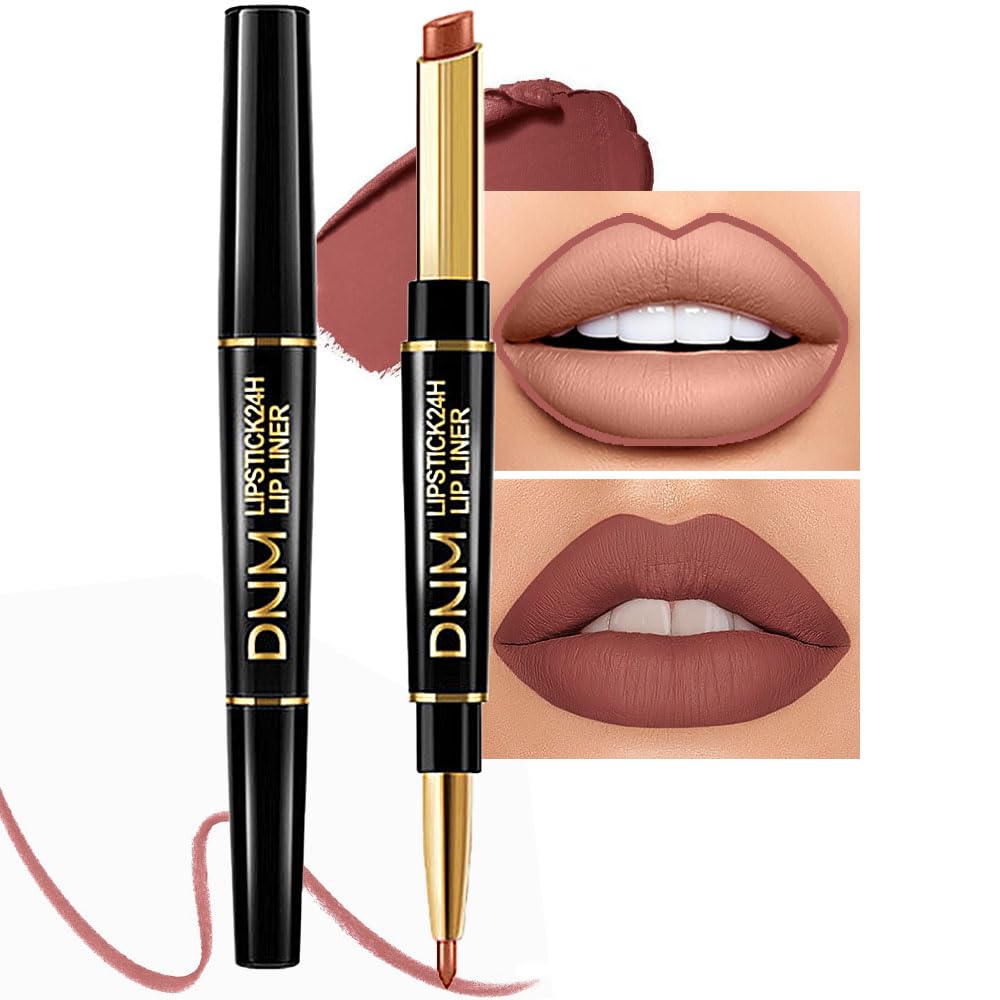 evpct 3Pcs Chestnut Nude Brown Lip Liner and Lipstick Set Kit for Women DNM Dusty Antique Rose Matte Lips Kit with Lip Liner Stains Long Lasting Waterproof 24 Hour Lipstick and Lip Liners Combo Pencil