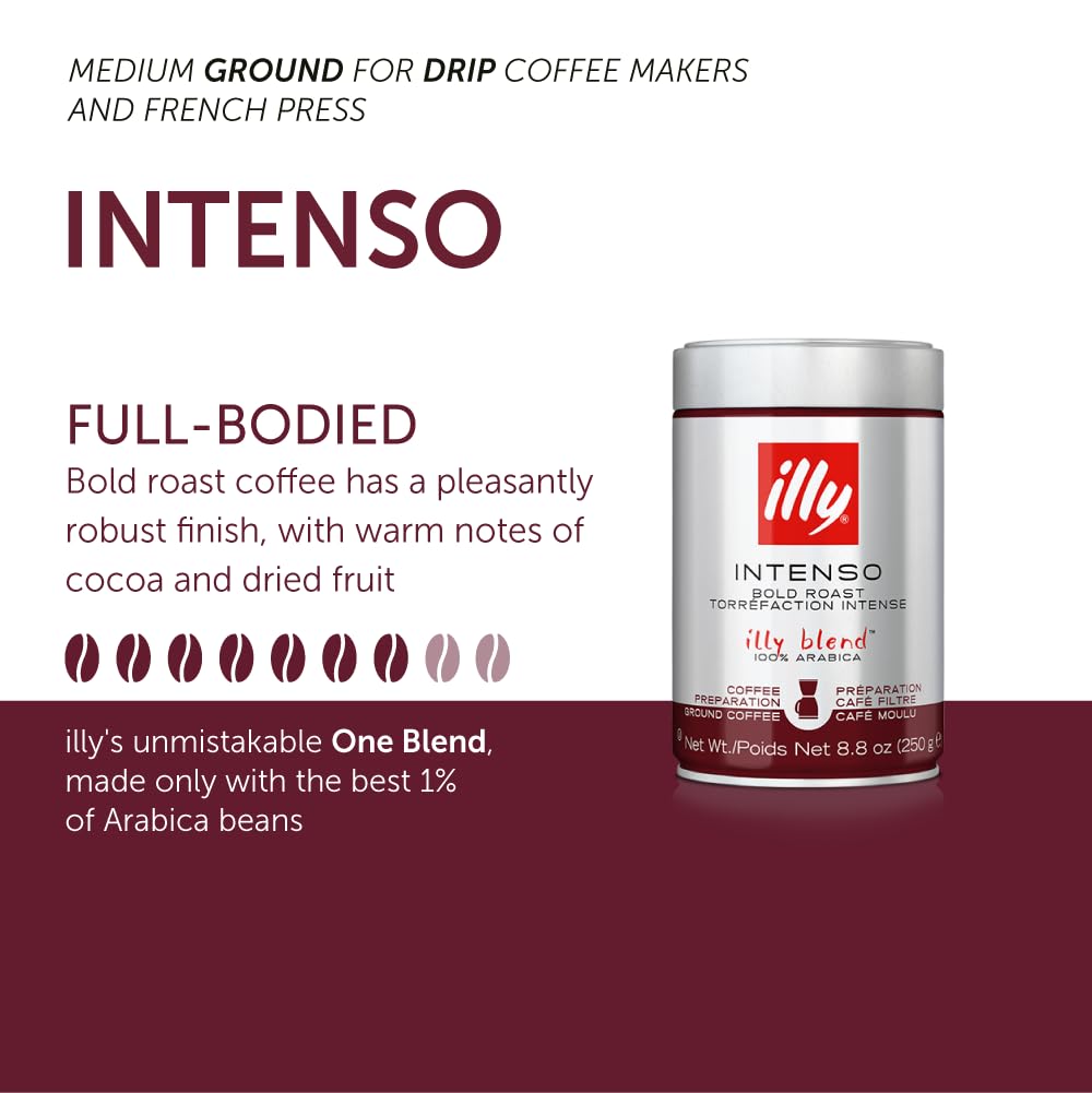 illy Ground Coffee Espresso - 100% Arabica Coffee Ground – Classico Medium Roast - Notes of Caramel, Orange Blossom & Jasmine - Rich Aromatic Profile - Precise Roast - No Preservatives – 8.8 Ounce