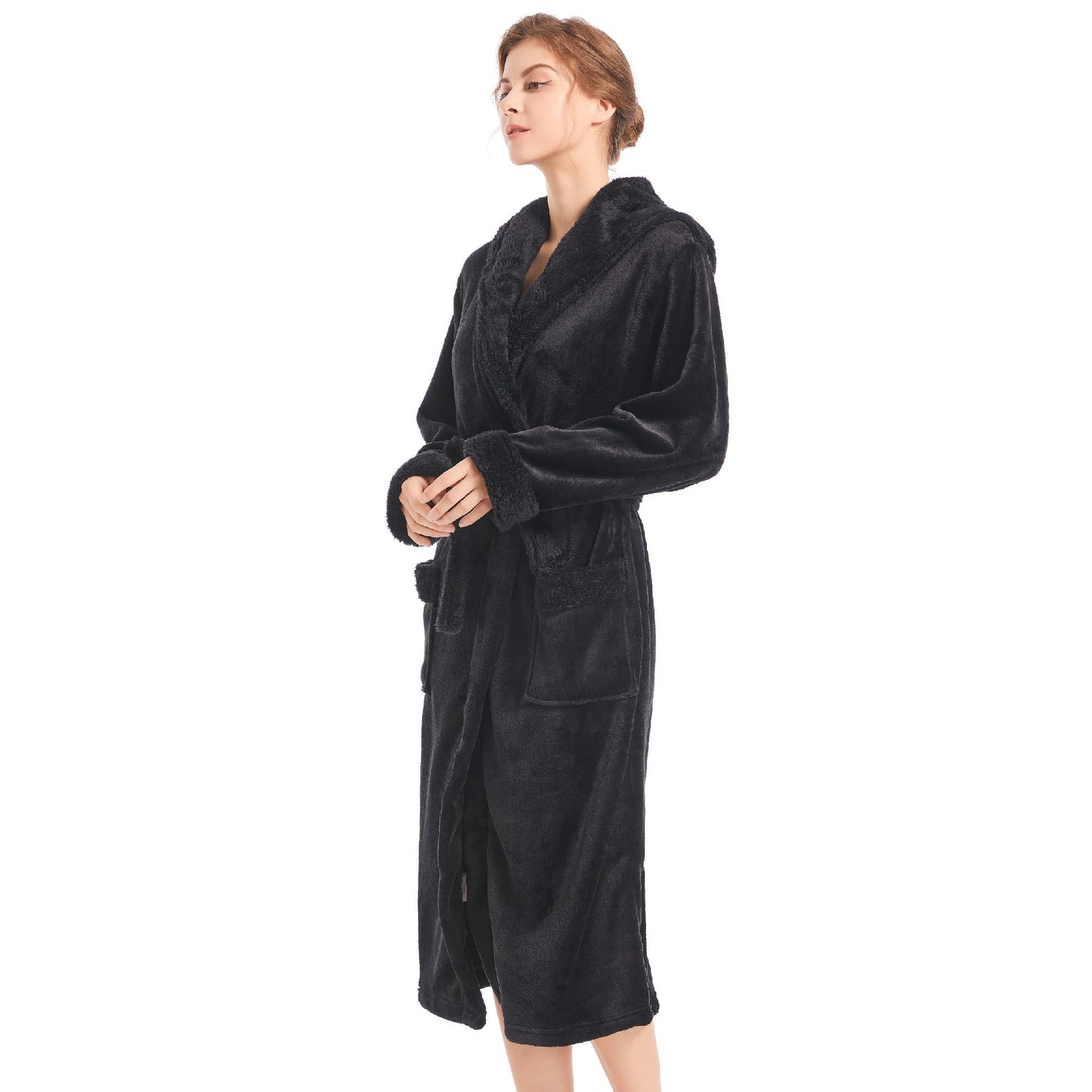 Inner Wish Women Hooded Plush Robe, Fleece Cozy Warm Bathrobe