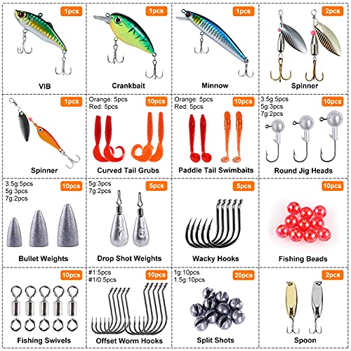 PLUSINNO 253/397pcs Fishing Accessories Kit, Fishing Tackle Box with Tackle Included, Fishing Hooks, Fishing Weights Sinkers, Spinner Blade, Fishing Gear for Bass, Bluegill, Crappie, Fishing