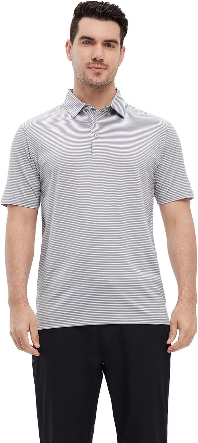 Men's Golf Polo Shirts Short Sleeve Striped Performance Moisture Wicking Dry Fit Golf Shirts for Men