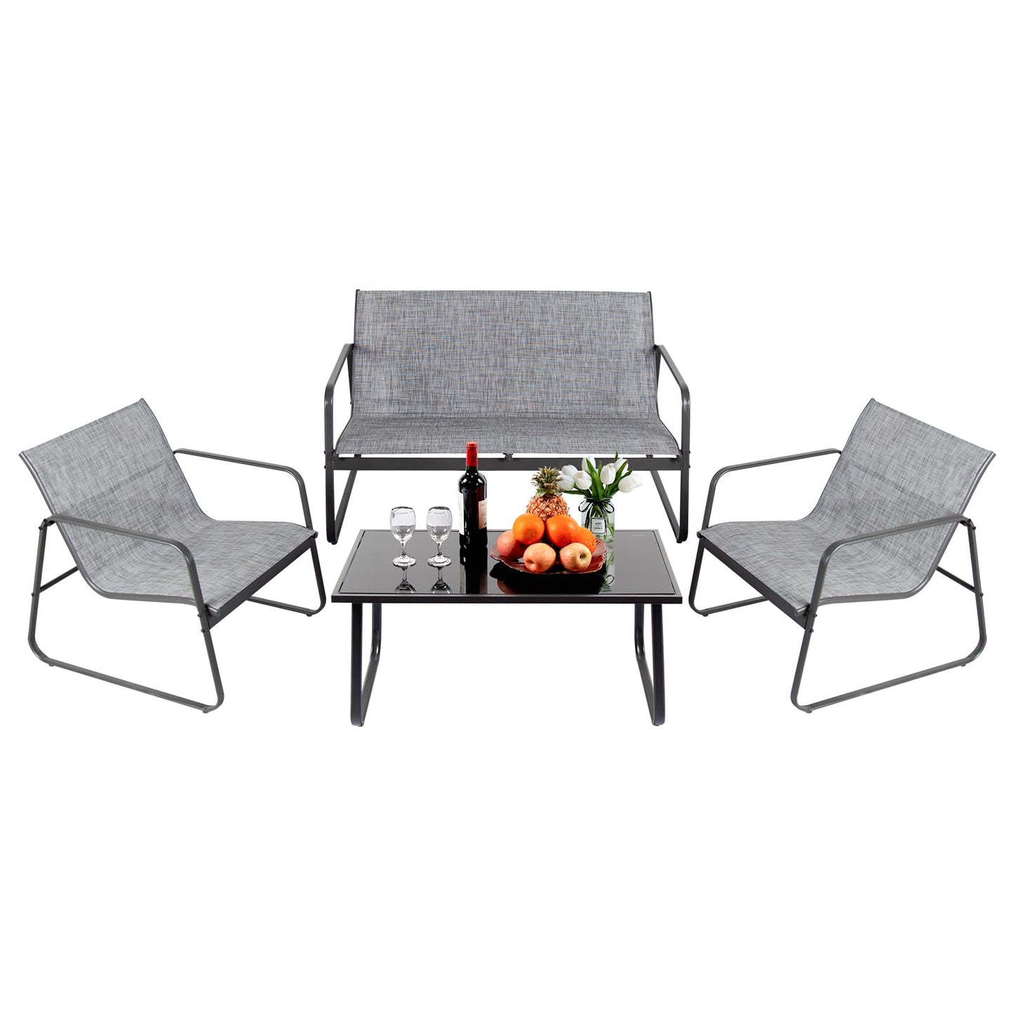 PAIQIAN 4 Pieces Patio Furniture Set Outdoor Garden Patio Conversation Sets Poolside Lawn Chairs with Tempered Glass Coffee Table Loveseat Porch Furniture Textilene Fabric Grey