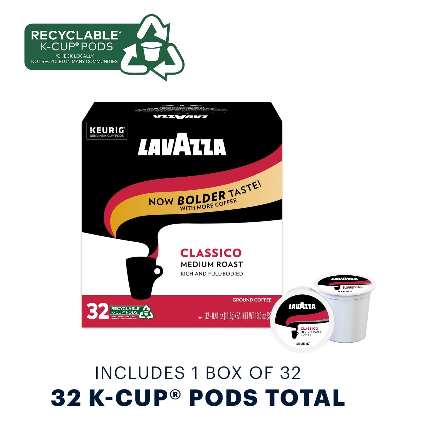 Lavazza Classico Single-Serve Coffee K-Cup® Pods for Keurig® Brewer, Caps Classico, 32 Count, Full-bodied medium roast with rich flavor and notes of dried fruit, Value Pack