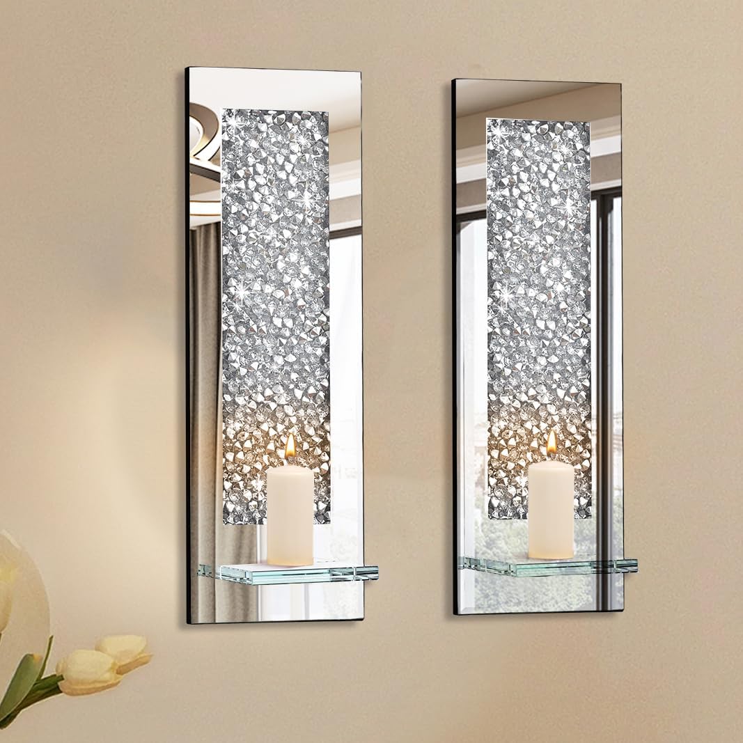 Crystal Crush Diamond Wall Candle Holder Set of 2, Rectangle Silver Mirrored Candle Sconces, Home Wall Decoration for Living Room,Dining Room & Bedroom