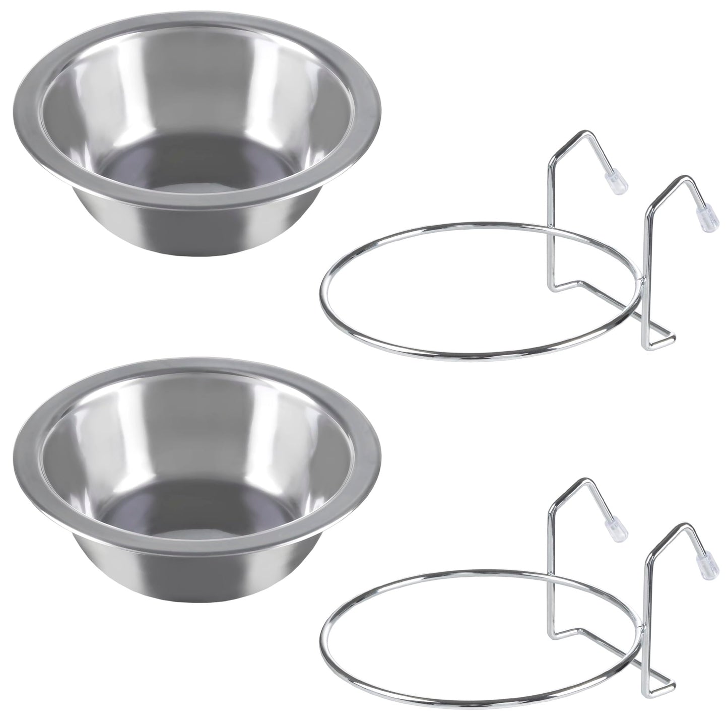 Set of 2 Stainless-Steel Dog Bowls - Cage, Kennel, and Crate Hanging Pet Bowls for Food and Water - 8oz Each and Dishwasher Safe by PETMAKER, Silver