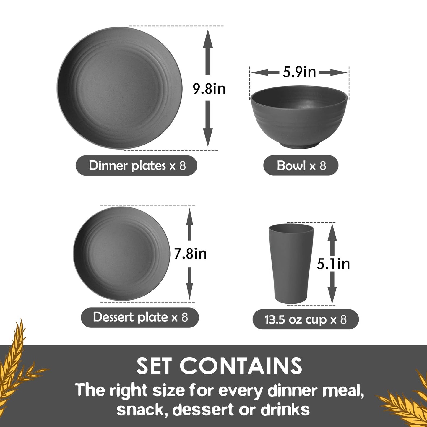 Teivio 32-Piece Kitchen Plastic Wheat Straw Dinnerware Set, Service for 8, Dinner Plates, Dessert Plate, Cereal Bowls, Cups, Unbreakable Colorful Plastic Outdoor Camping Dishes, Black