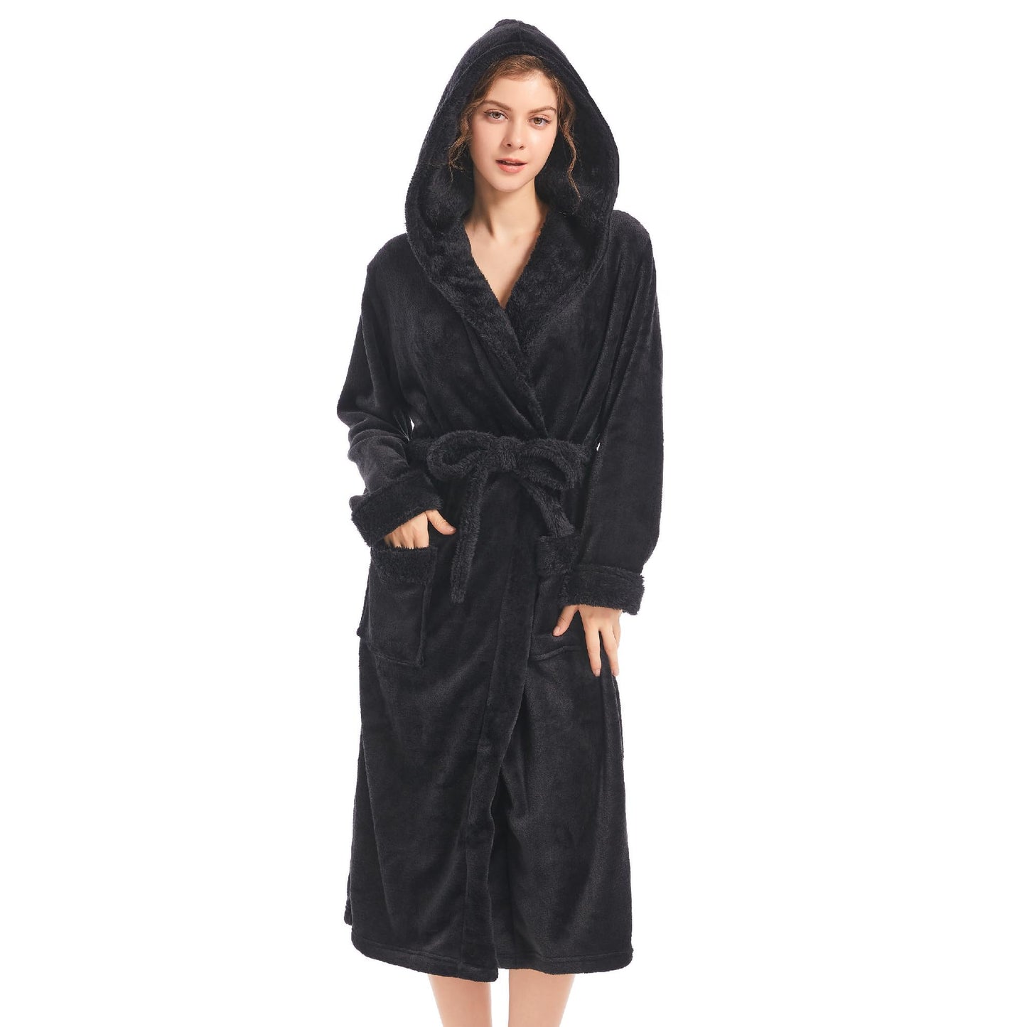 Inner Wish Women Hooded Plush Robe, Fleece Cozy Warm Bathrobe