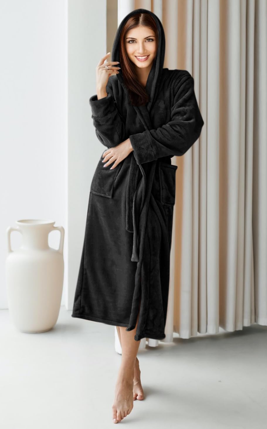 NY Threads Womens Fleece Hooded Bathrobe Plush Long Robe