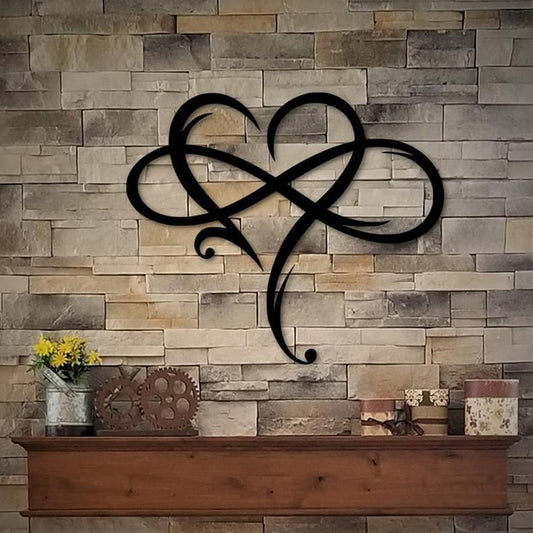 AOOLVY Infinity Heart Wall Decor, Unique Infinity Heart Metal Art Wall Decor Love Sign Steel Wall Plaques Bedroom Ornaments for Home Wedding Decor, Room Living Room Decoration (Black, 15.7x14inch)