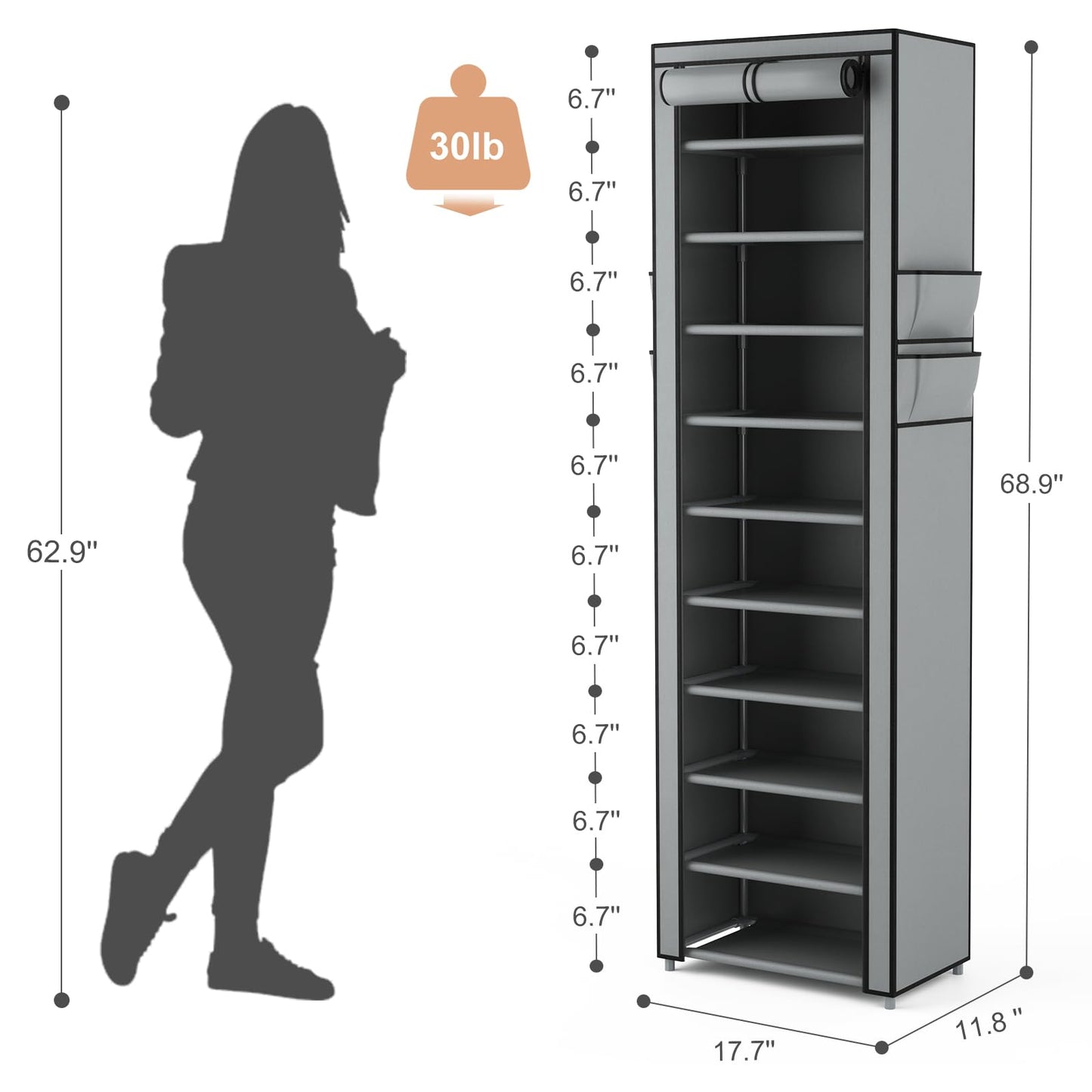 VTRIN Narrow Shoe Rack with Covers 10 Tiers Tall Shoe Rack for Closet Entryway Sturdy Shoe Rack Organizer Holds 20-22 Pairs Free Standing Shoe Storage Cabinet with Dustproof Cover Shoe Shelf