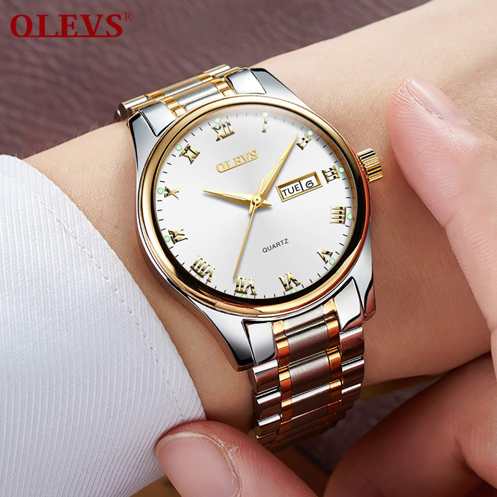 OLEVS Classic Men Watches with Date,Stainless Steel Man Watch with Date, Bussiness Watches for Men,Luminous Quartz Mens Watches Black/White/Blue/Gold, Waterproof Male Watch with Week