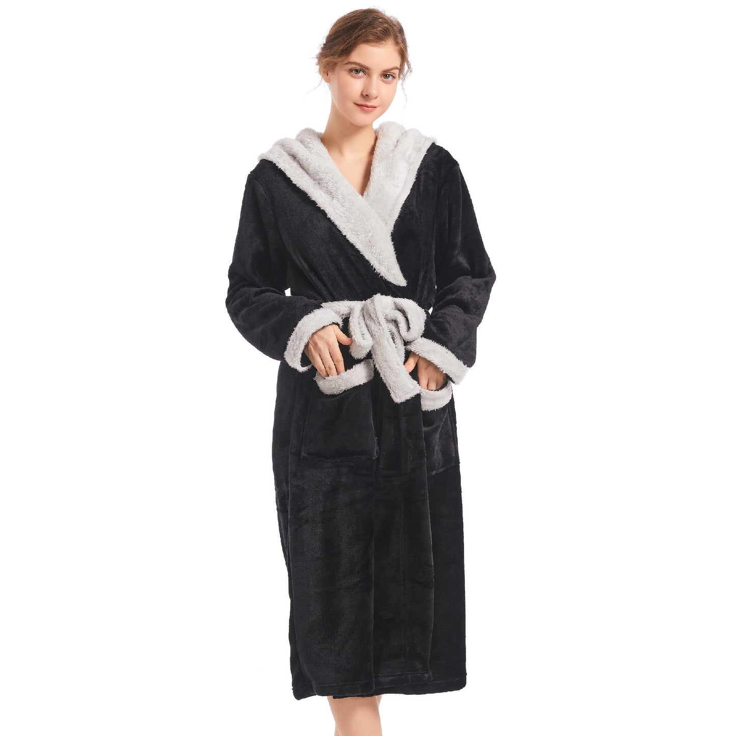 Inner Wish Women Hooded Plush Robe, Fleece Cozy Warm Bathrobe