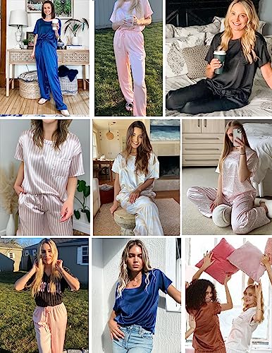 Ekouaer Womens Satin Silky Pajama Set Short Sleeve Shirt with Long Pajama Pant Set Soft PJ Loungewear