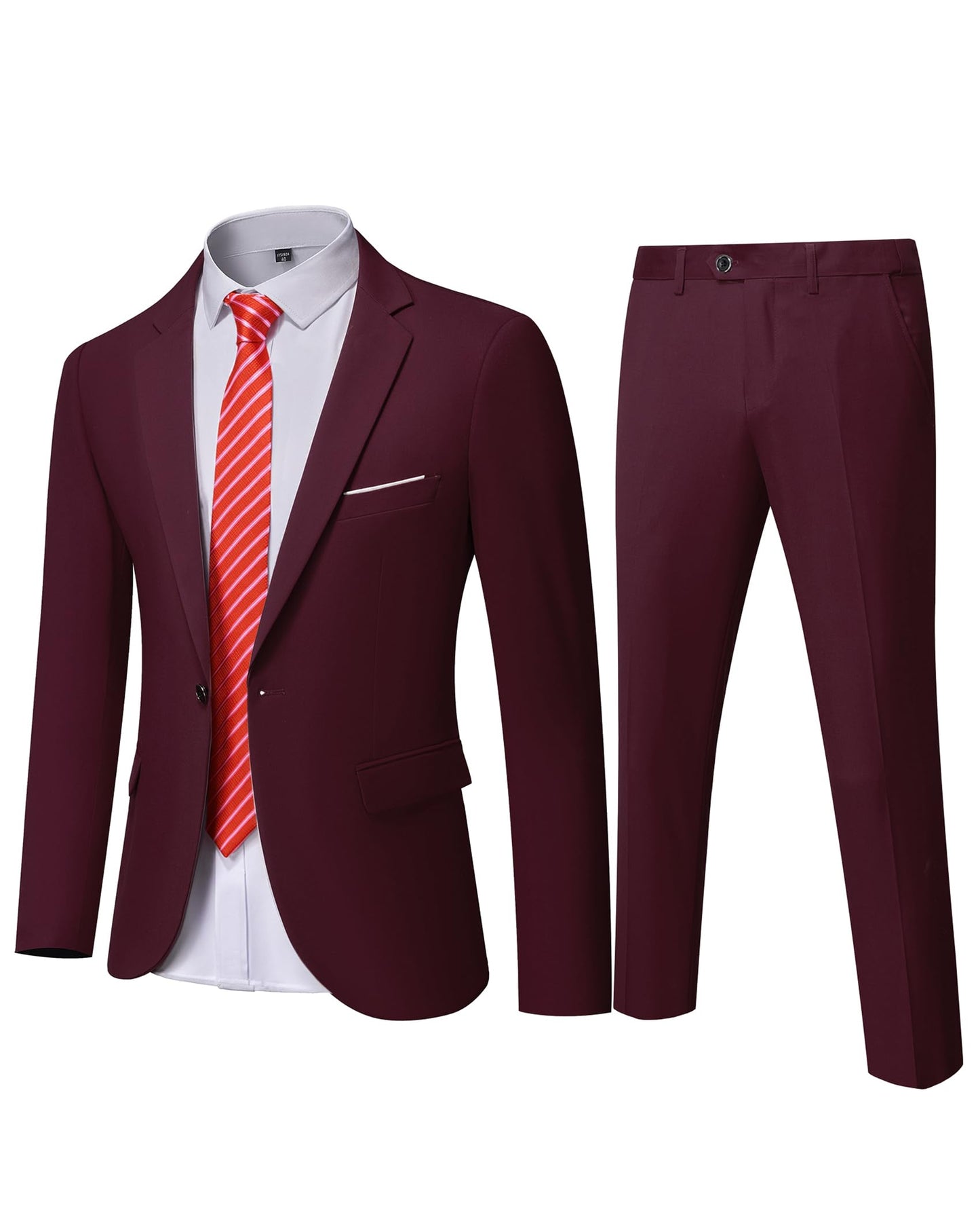 YND Men's Slim Fit 2 Piece Suit, One Button Solid Jacket Pants Set with Tie