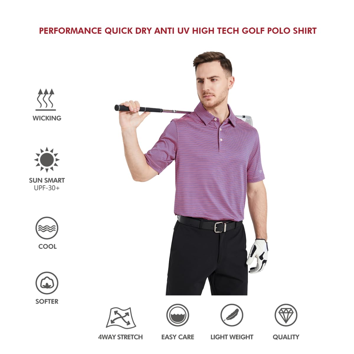 Men's Golf Polo Shirts Short Sleeve Striped Performance Moisture Wicking Dry Fit Golf Shirts for Men