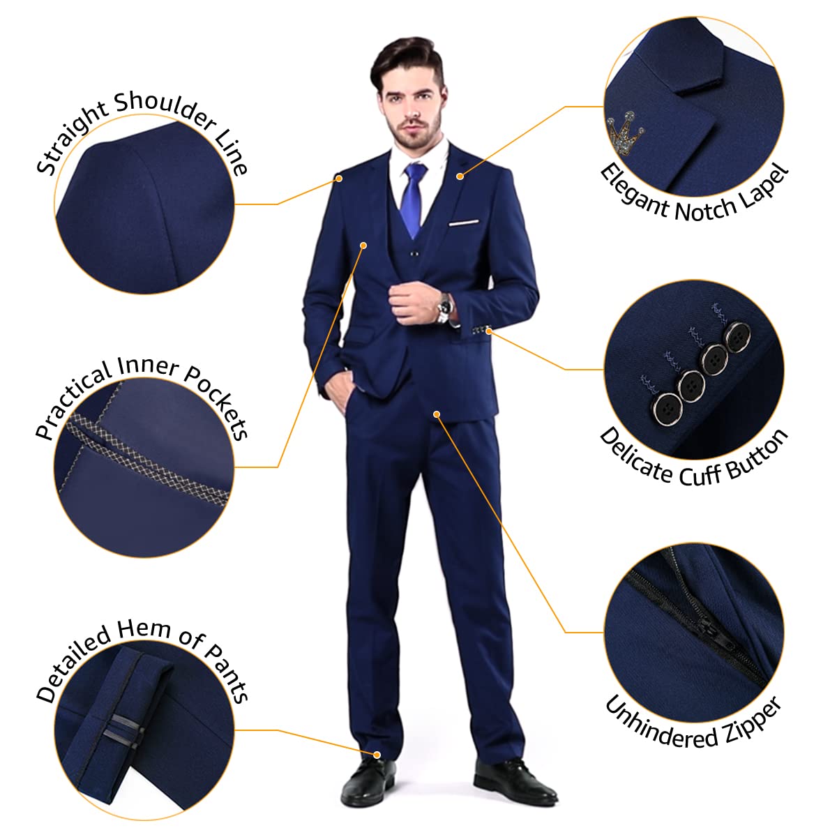 MYS Men's 3 Piece Slim Fit Suit Set, One Button Solid Jacket Vest Pants with Tie