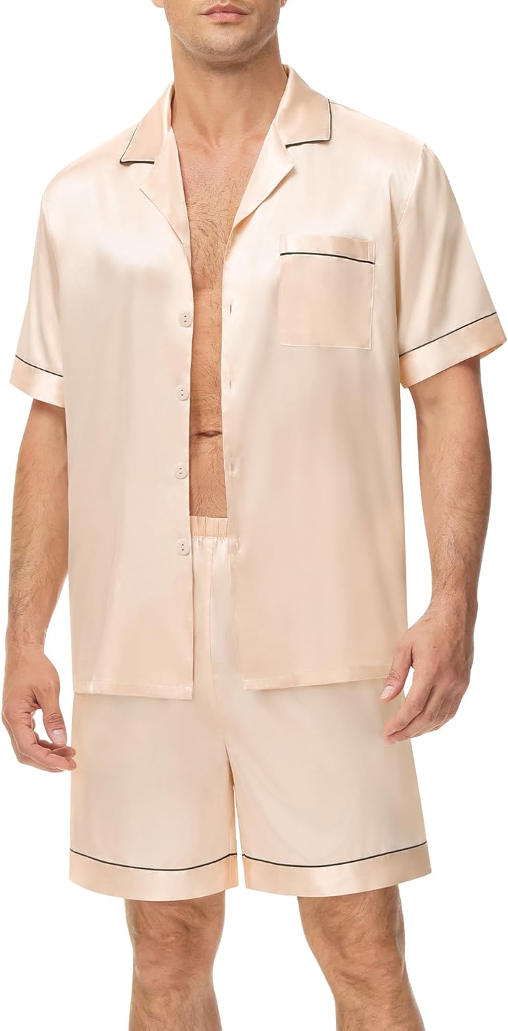 SWOMOG Couples Matching Pajamas Set Satin Short Sleeve Button Down Tops Silk Shorts Pj Lounge Set Soft Sleepwear