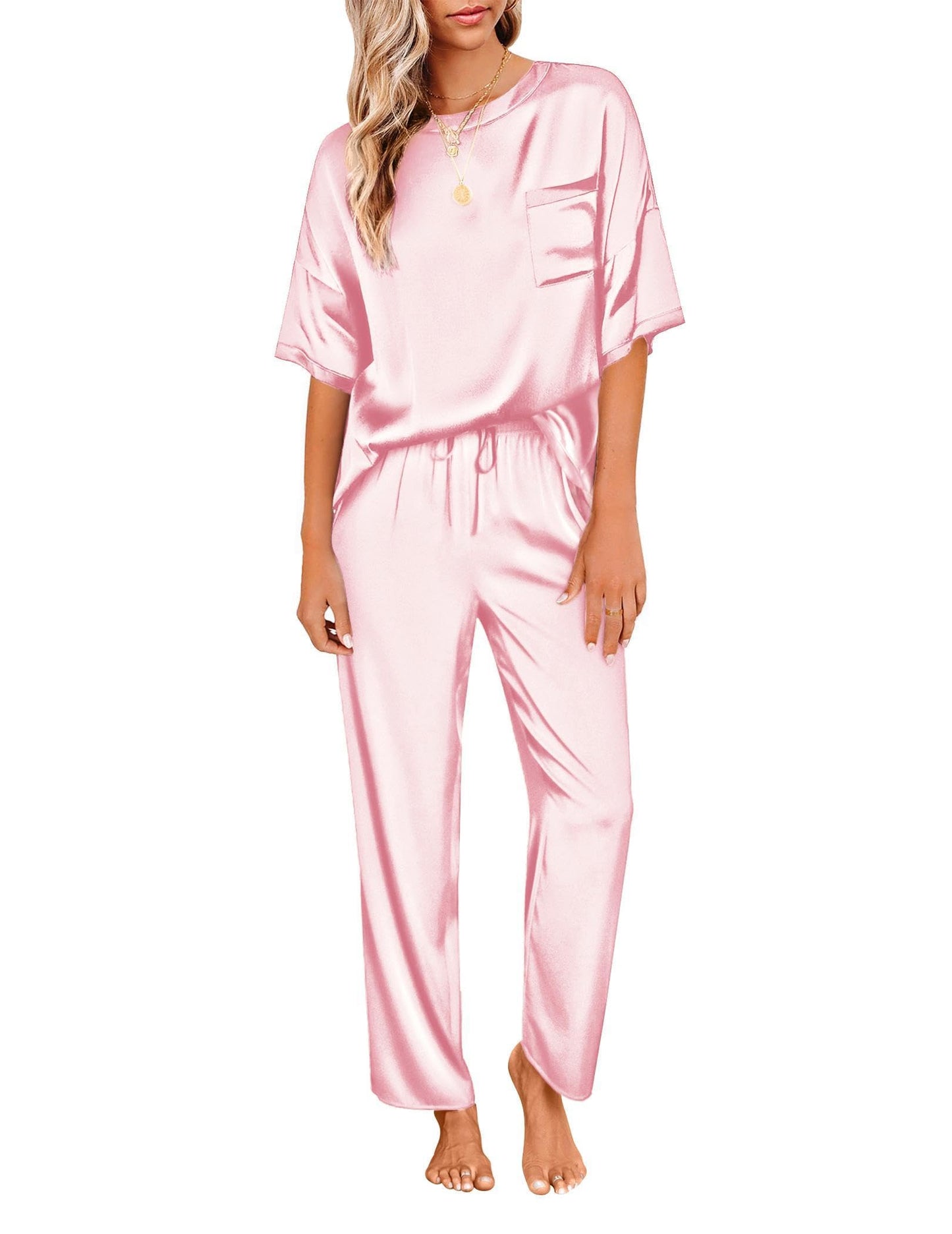 Ekouaer Womens Satin Silky Pajama Set Short Sleeve Shirt with Long Pajama Pant Set Soft PJ Loungewear