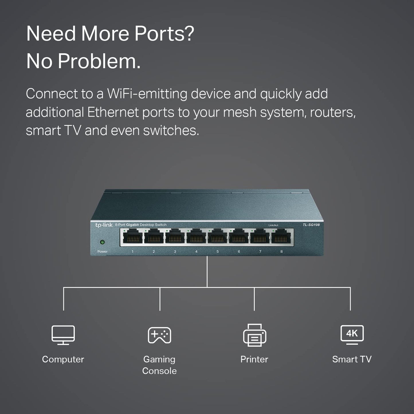 TP-Link TL-SG108 8 Port Gigabit Unmanaged Ethernet Network Switch, Ethernet Splitter Plug & Play Fanless Metal Design Shielded Ports Traffic Optimization