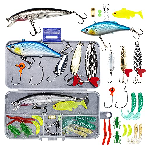 GOANDO Fishing Lures Kit for Freshwater Bait Tackle Kit for Bass Trout Salmon Fishing Accessories Tackle Box Including Spoon Lures Soft Plastic Worms Crankbait Jigs Fishing Hooks