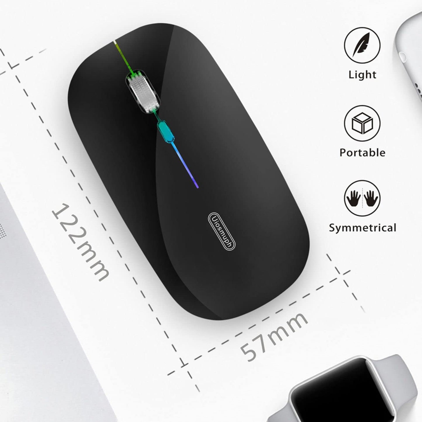 Uiosmuph LED Wireless Mouse, G12 Slim Rechargeable Silent Mouse, 2.4G Portable USB Optical Computer Mice with USB Receiver and Type C Adapter (Matte Black)