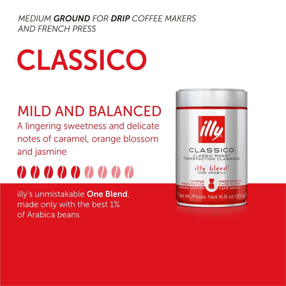 illy Ground Coffee Espresso - 100% Arabica Coffee Ground – Classico Medium Roast - Notes of Caramel, Orange Blossom & Jasmine - Rich Aromatic Profile - Precise Roast - No Preservatives – 8.8 Ounce