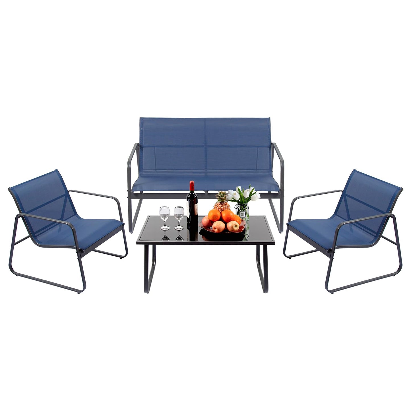 PAIQIAN 4 Pieces Patio Furniture Set Outdoor Garden Patio Conversation Sets Poolside Lawn Chairs with Tempered Glass Coffee Table Loveseat Porch Furniture Textilene Fabric Grey