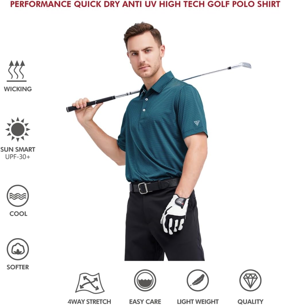 Men's Golf Polo Shirts Short Sleeve Striped Performance Moisture Wicking Dry Fit Golf Shirts for Men