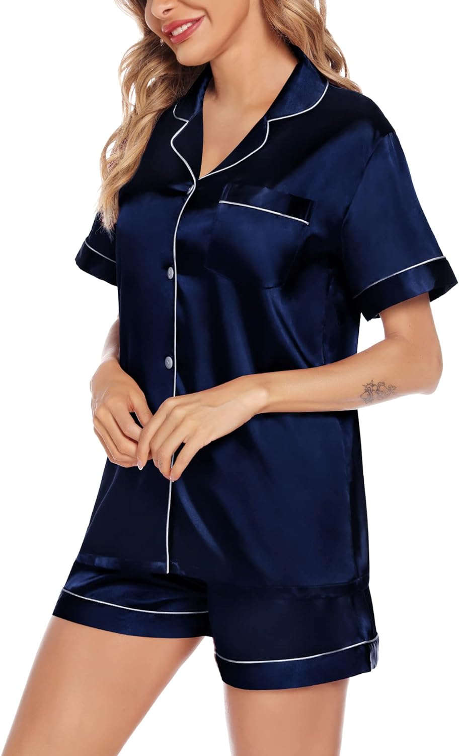 SWOMOG Satin Matching Pajamas Sets Couple Silk Button Down Nightwear Short Sleeve Sleepwear 2 Pieces Loungewear with Shorts