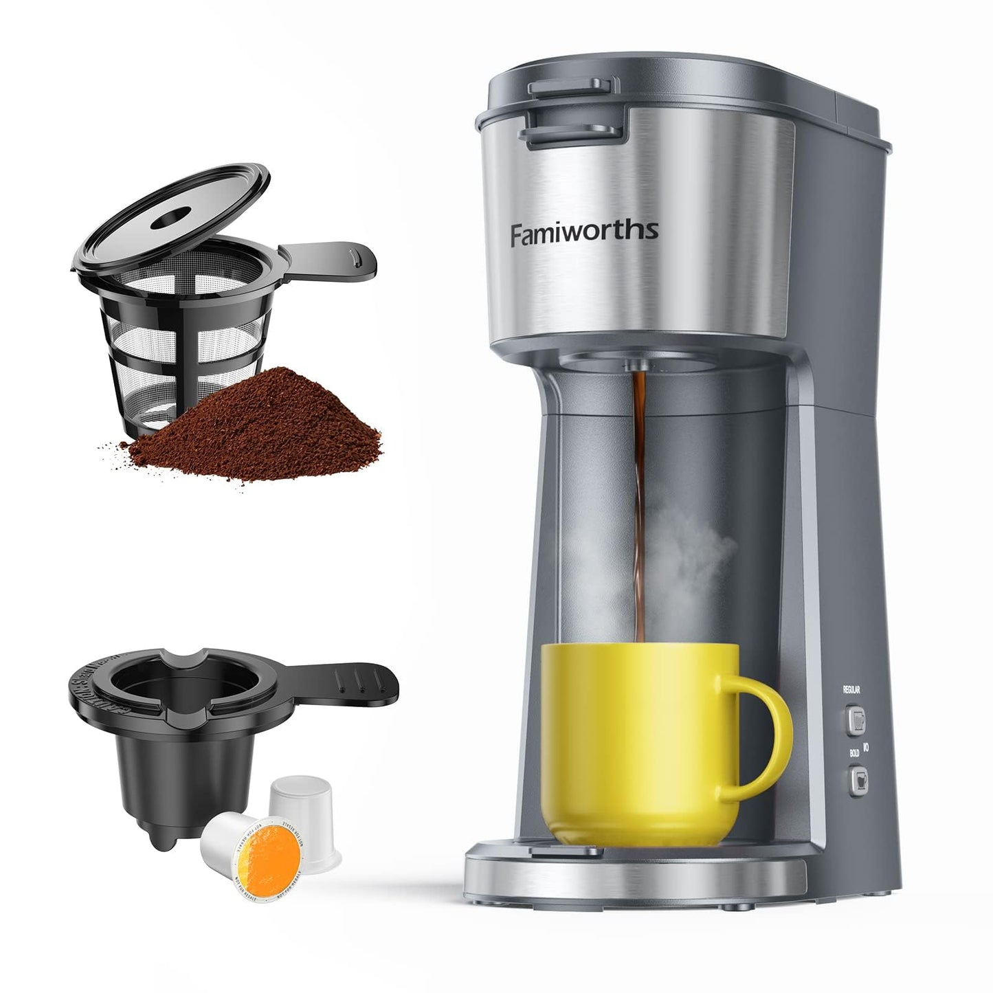 Famiworths Mini Coffee Maker Single Serve, Instant One Cup for K Cup & Ground Coffee, 6 to 12 Oz Brew Sizes, Capsule Coffee Machine with Water Window and Descaling Reminder, Black